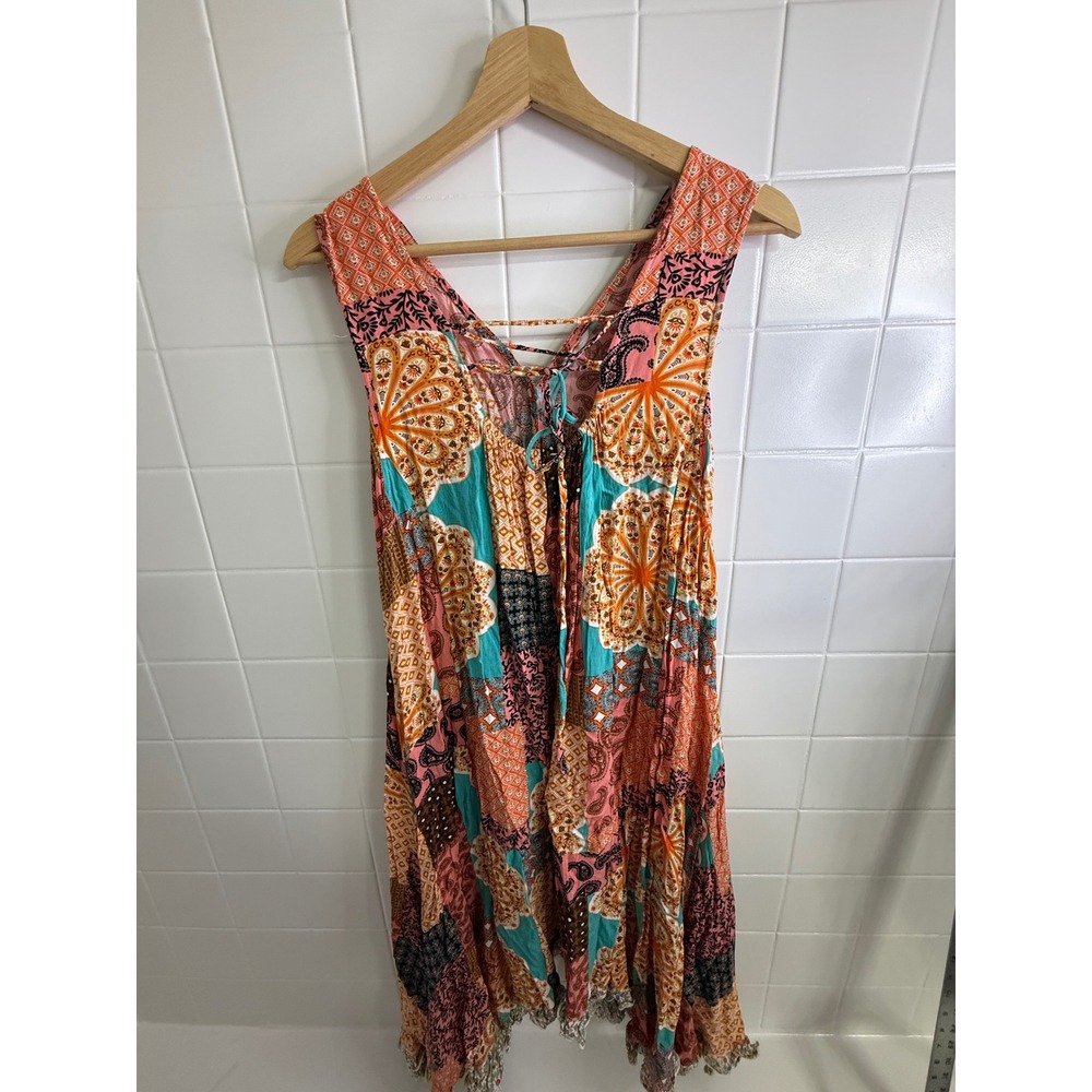 Easel Women Patchwork Handkerchief Hem Midi Dress Orange Pink Boho Lace Up Med - Picture 7 of 7